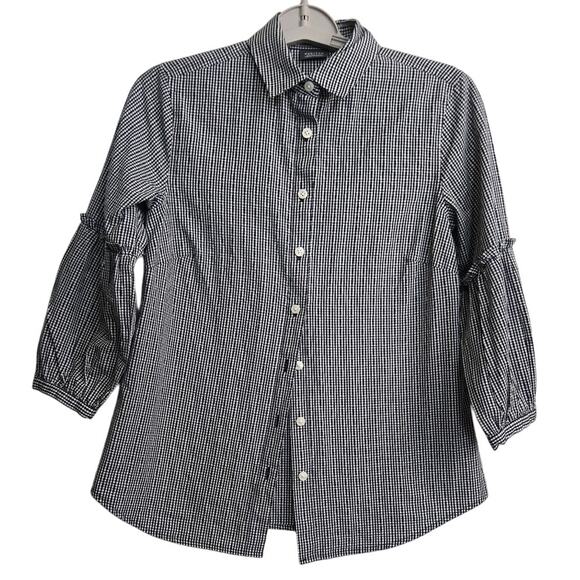 Gingham‎ Blouse XXS Black White Check Button-Up Cotton Blend Tie Sleeve - Picture 3 of 9